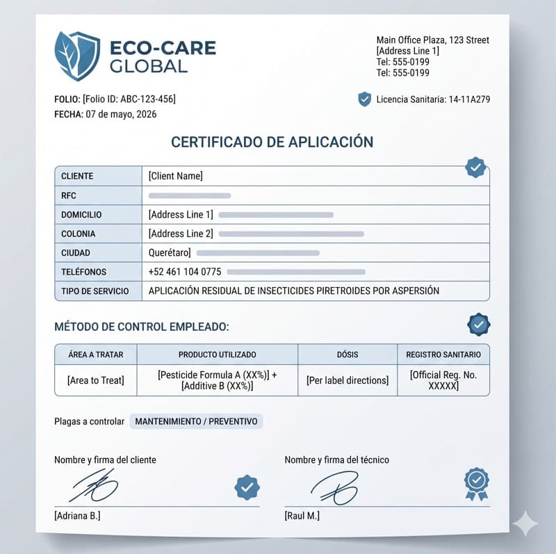 Certificado Sanitario Oficial de FUR Control de Plagas